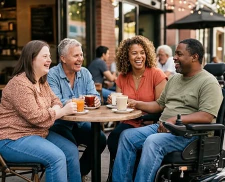 Four adults talking together around a cafe table, one using a powered wheelchair